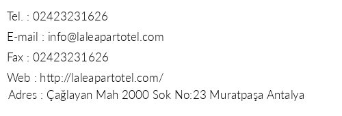 Lale Apart Otel telefon numaralar, faks, e-mail, posta adresi ve iletiim bilgileri